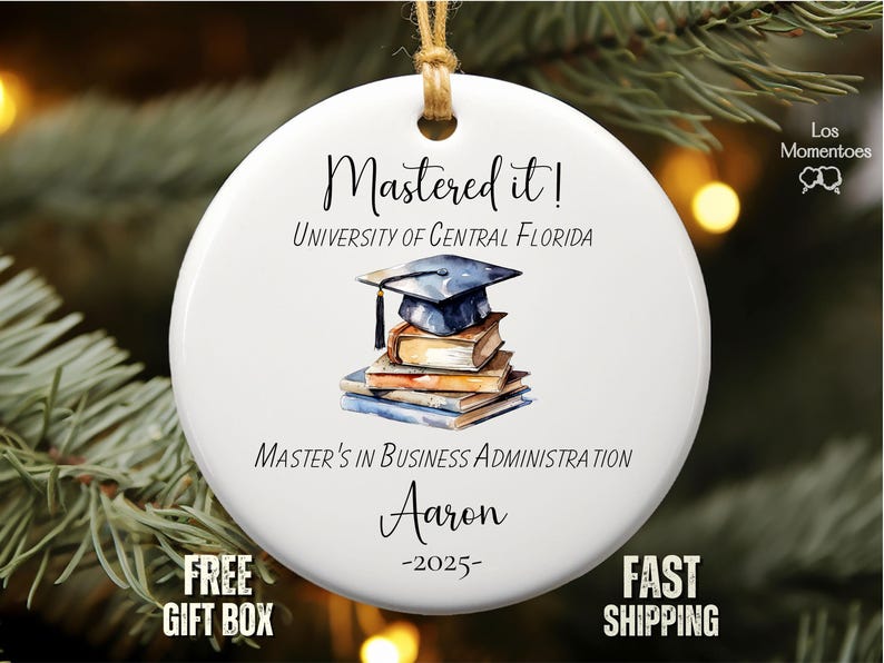 Personalized Master's Degree Graduation Ornament Custom MBA Keepsake Gift for Him or Her 'Mastered It' College Grad Decoration image 1