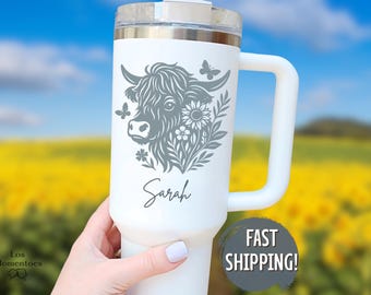 Personalized Highland Cow Tumbler 40oz Floral Western Farm Cup Custom Country or Boho Cow Mug Gift for Her