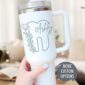 Personalized Dental Hygienist Tumbler 40oz with Handle – Floral Tooth Cup – Dentist or Dental Assistant Gift, Graduation or Office Drinkware