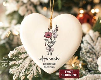Gepersonaliseerd ornament bruidsmeisje, geboorte bloem hart ornament, aangepaste bloemen huwelijkscadeau, aandenken bruidsmeisje voorstel