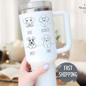 Custom Dog Mom Tumbler 40oz with Handle – Personalized Dog Names & Breeds – Pet Lover Gift for Women – Travel Cup with Straw