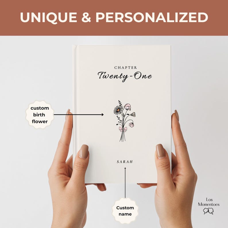 May include: A personalized cream-colored book cover with the text "Chapter Twenty-One" and a floral illustration. The book is labeled "Unique & Personalized" at the top. The name "Sarah" is printed below the floral design. The words "custom birth flower" and "custom name" are also present.