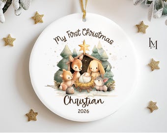 My First Christmas Ornament 2025 Woodland Nativity Baby Ornament, Personalized Keepsake Gift with Animals, Custom Holiday Decoration