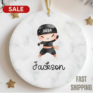 Personalized Ninja Christmas Ornament 2024 - Custom 1st Christmas Ornament for Boys - Ceramic Keepsake with Name - Ninja Theme Holiday Decor