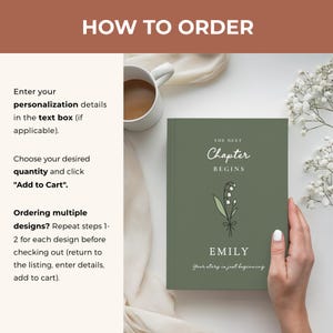 May include: A sage green journal with the text "THE NEXT Chapter BEGINS" and the name "EMILY". The journal features a floral illustration and the words "Your story is just beginning". Ordering instructions are also displayed.