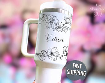 Personalized Cherry Blossom Tumbler 40oz – Custom Floral Line Art Cup with Handle, Stainless Steel Travel Mug Gift for Her