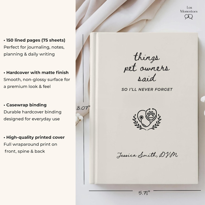 Puede incluir: Un diario de tapa dura color crema, de 20,5 cm x 14,5 cm, con el texto "things pet owners said" y un dise&ntilde;o de estetoscopio con huella de pata. Cuenta con 150 p&aacute;ginas rayadas y un acabado mate.