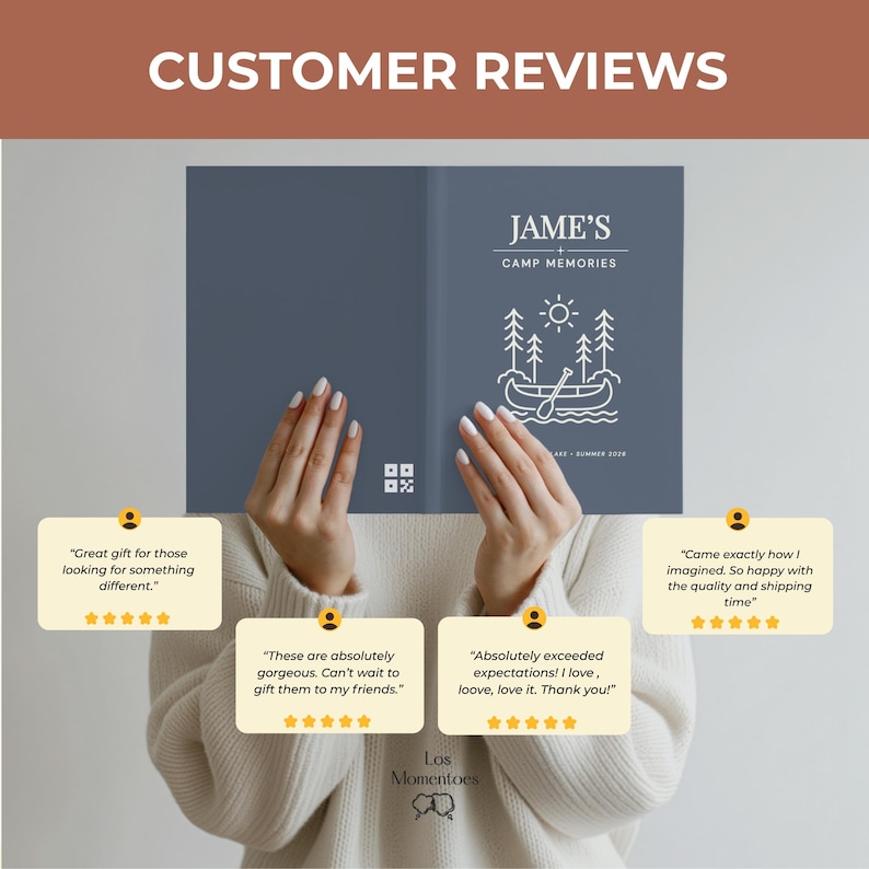 May include: A blue journal with the text "JAME'S CAMP MEMORIES" and a line drawing of a canoe on a lake. The journal is held by a person. Customer reviews are displayed in the image.