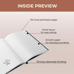 May include: An open notebook with lined pages, displaying the text "INSIDE PREVIEW." It features 150 perforated pages, a ruled layout for neat writing, smooth paper for everyday journaling, and strong casewrap binding. The notebook is open to reveal the "Los Momentoes" logo.