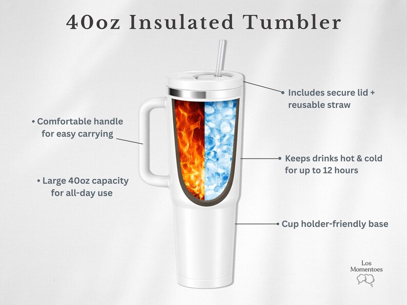 May include: White 40oz insulated tumbler with a handle, lid, and straw. The tumbler features a cup holder-friendly base and keeps drinks hot or cold for up to 12 hours. The text on the image says "40oz Insulated Tumbler".