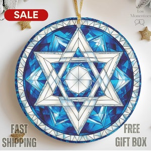 Star of David Hanukkah Ornament 2024 - Ceramic Faux Stained Glass Decoration - Beautiful Jewish Holiday Decor Gift for Family