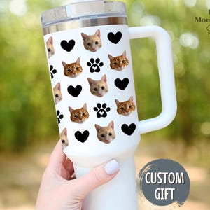 Custom Cat Photo Tumbler 40oz, Personalized Cat Face Cup with Handle, Cat Mom Gift, Pet Photo Travel Mug for Cat Lovers, Cat Dad Cup