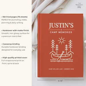 May include: A burnt orange hardcover journal with the text "JUSTIN'S CAMP MEMORIES" and a white illustration of a canoe, trees, and sun. The journal measures 20.5 cm x 14.5 cm. It has 150 lined pages and a matte finish.