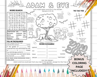 Adam and Eve Placemat Activity, Garden Of Eden Coloring Page, Sunday School Bible Lesson For Kids, Old Testament Study Page For Children