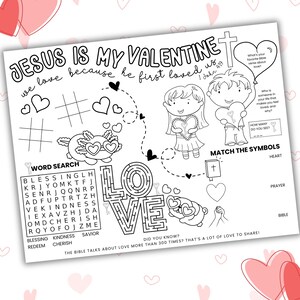 Afdrukbare placemat Valentijnsdag activiteit, Bijbelteksten spellen, christelijke woordzoeker placemat, Valentijnscadeau, kinderen kleuren