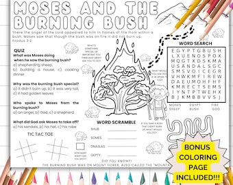 Moses And The Burning Bush Printable Placemat Activity, Old Testament Sunday School Lesson, Kids Bible Study Guide Coloring, Bible Made Easy