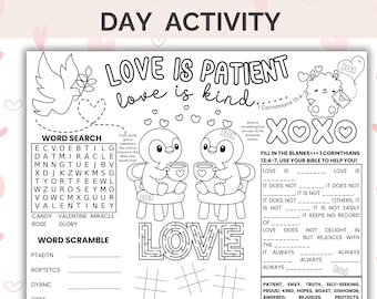 1 Corinthians 13 Placemat Valentines Day Activity, Sunday School Coloring Page,  Love is Patient Bible Verses Lesson Printable, Scripture