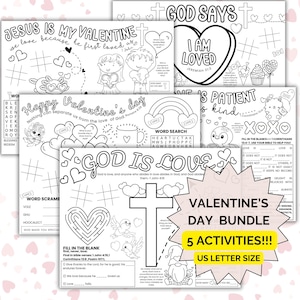 Afdrukbare christelijke Valentijnsdag placemat activiteitenbundel, Valentijnsdag bijbel ambacht, zondagsschool, homeschool bijbelverhaal kleurplaat