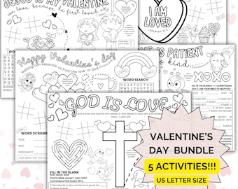 Printable Christian Valentines Day Placemat Activity Bundle,Valentines Day Bible Craft, Sunday School, Homeschool Bible Story Coloring Sheet