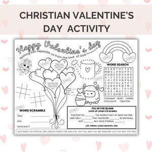 Christelijke Valentijnsdag placemat activiteit, thuisschool kleurplaat, klaslokaal placemat kinderbijbelspelletjes, bijbelwoord zoeken, zondagsschool