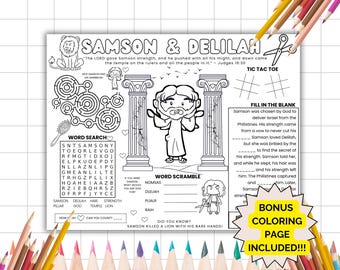 Samson And Delilah Activity Placemat, Bible Activity Placemat, Sunday School, Kids Bible Study, Bible Story Coloring, Christian Homeschool