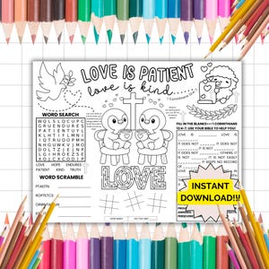 1 Corinthians 13 Activity Placemat, Sunday School Coloring Page, Love is Patient Bible Verse Lesson Printable, Homeschool or Church Activity