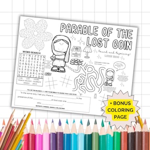 Parable of the Lost Coin Activity Placemat, The Parables of Jesus Coloring Page, Bible Story Activity Sheets, Christian Homeschool Printable