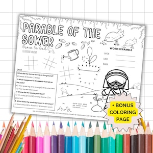 May include: Black and white coloring page with a Christian theme. The page features a parable of the sower with a farmer, birds, seeds, and a growing plant. The page also includes a word scramble, a quiz, and a bonus coloring page.