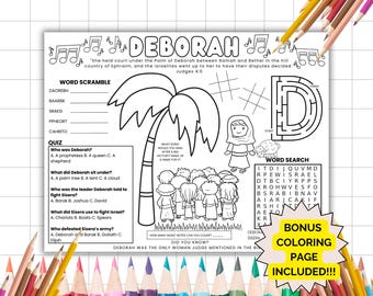 Deborah Activity Placemat, Bible Activity Placemat, Sunday School, Kids Bible Study, Bible Story Coloring, Christian Homeschool,