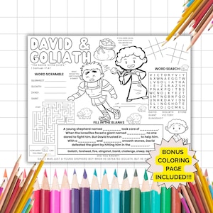 David And Goliath Activity Placemat, Bible Activity Placemat, Sunday School, Kids Bible Study, Bible Story Coloring, Christian Homeschool,