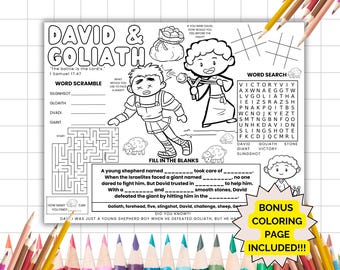 May include: Black and white coloring page featuring a scene from the biblical story of David and Goliath. The page includes a word search, word scramble, and fill-in-the-blanks activity. The text "The battle is the Lord's." is included.  "I Samuel 17:47" is also included.