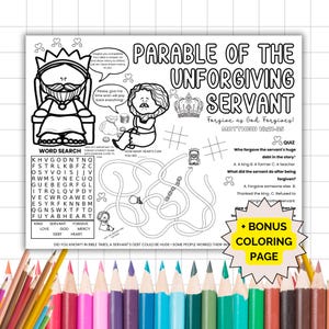 Parable of the Unforgiving Servant Activity Placemat, The Parables of Jesus Coloring Page, Christian Homeschool Printable Activity Sheets