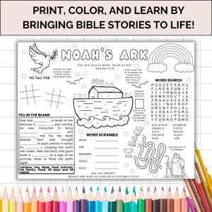 May include: A printable coloring page featuring Noah's Ark with a word search, word scramble, tic-tac-toe game, and fill-in-the-blank activity. The page includes the text "Noah's Ark" and "The Lord said to Noah, 'Build an ark.' Genesis 6:14".