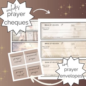 May include: A set of prayer-themed stationery, including prayer cheques and envelopes. The cheques are designed with a "Bank of Heaven" theme, and the envelopes feature "prayer request" and "answered prayer" labels. The image has a warm, inviting color palette.