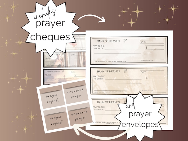 May include: A set of prayer-themed stationery, including prayer cheques and envelopes. The cheques are designed with a "Bank of Heaven" theme, and the envelopes feature "prayer request" and "answered prayer" labels. The image has a warm, inviting color palette.