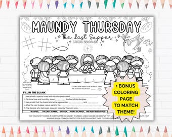 Maundy Thursday Placemat Activity, Holy Week Easter Craft, The Last Supper Activity, Lent Coloring Pages, Printable Worksheets Homeschool