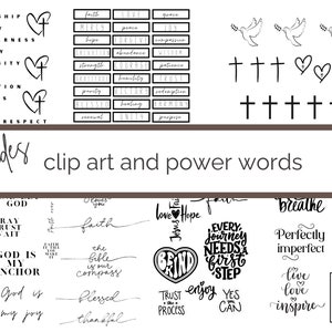 May include: A collection of black and white clip art and power words, including crosses, doves, hearts, and inspirational phrases like "faith," "hope," and "blessed." The words are in various fonts and styles.
