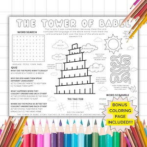 Puede incluir: Una hoja de trabajo imprimible en blanco y negro con actividades para niños sobre la historia de la Torre de Babel de la Biblia. La hoja de trabajo incluye una búsqueda de palabras, un cuestionario, un juego de tres en raya, una sopa de letras y un laberinto. La hoja de trabajo también incluye una página de colorear de bonificación.
