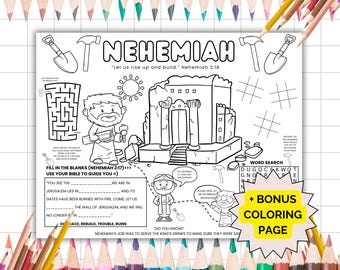Nehemiah Activity Placemat, Bible Story Coloring Activity, Sunday School Bible Placemat, Kids Bible Study, Bible Craft, Christian Homeschool