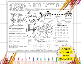 May include: Black and white coloring page featuring Joshua blowing a trumpet, a maze, a word search, a word scramble, and a tic-tac-toe game. The page includes the text "Joshua & The Battle of Jericho" and "The sound of trumpets and shouting was part of God's plan to bring down the walls of Jericho."