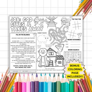 Job: God Gives and Takes Activity Placemat Printable, Old Testament Sunday School Lesson, Homeschool Kids Bible Study Guide, Coloring Page