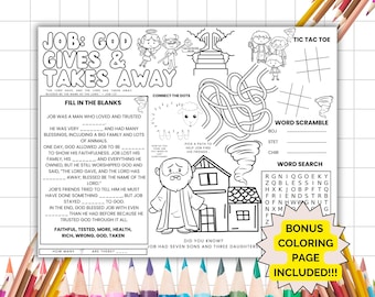 Puede incluir: Una página para colorear imprimible en blanco y negro con una historia bíblica sobre Job. La página incluye una actividad de unir los puntos, una búsqueda de palabras, una palabra revuelta y un juego de tres en raya. El título de la página es "Job: Dios da y quita".