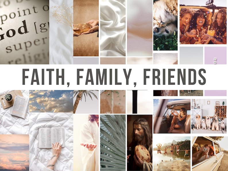May include: A collage of images representing faith, family, and friends. The images include a bible, a sunset, a palm tree, a person holding a loaf of bread, a group of people laughing, and a dog.