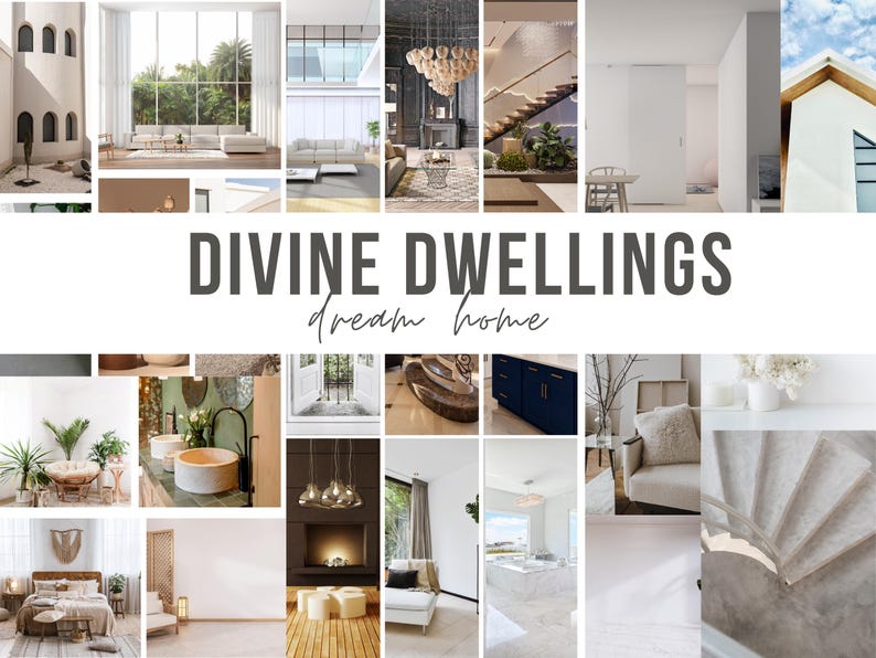 May include: A collage of images showcasing luxurious interior design elements, including a modern living room with large windows, a grand staircase, a fireplace, a bathroom with a freestanding tub, and a kitchen with sleek cabinetry. The text "DIVINE DWELLINGS dream home" is displayed in the center of the collage.