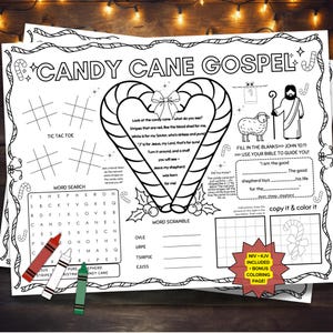 Puede incluir: Hoja de actividades imprimible en blanco y negro titulada "CANDY CANE GOSPEL" con tic-tac-toe, búsqueda de palabras y ejercicios para completar. Incluye una ilustración de bastón de caramelo y el texto "¡NIV + KJV INCLUIDO + PÁGINA PARA COLOREAR DE BONIFICACIÓN!"