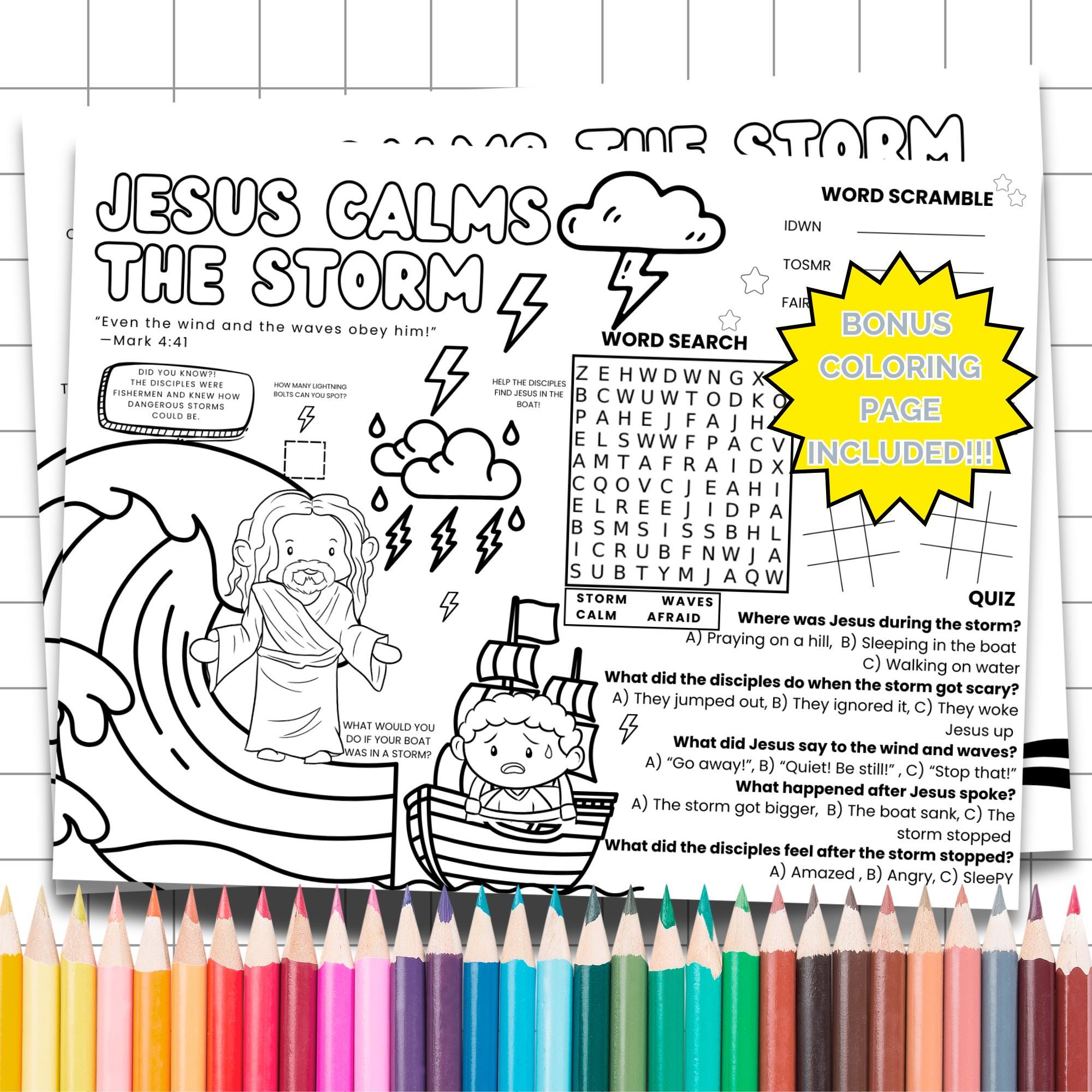 Jesus Calms the Storm Activity Placemat, Sunday School Coloring Page ...