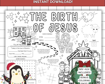 Krippenaktivitäts-Tischset Blatt, Weihnachtsmalseite für Kinder, Geburt von Jesus Bibelstunde, Handwerksspiele, Sonntagsschule Aktivität Blatt