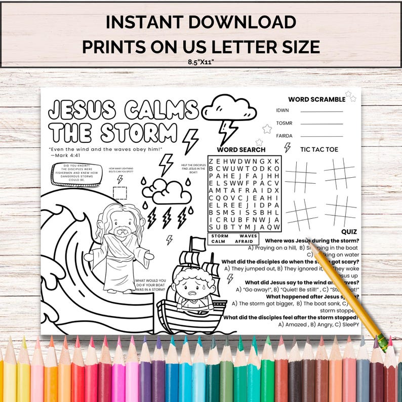 Jesus Calms the Storm Activity Placemat, Sunday School Coloring Page ...