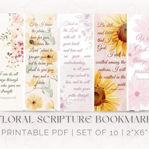 Könnte beinhalten: Set mit 10 druckbaren Blumen-Bibelmarken. Jede Lesezeichen zeigt ein Aquarell-Blumenmuster und einen Bibelvers. Die Verse beinhalten: "Ich kann alles durch den, der mir Kraft gibt", "Denn ich weiß, welche Pläne ich für euch habe", "Vertraue auf den Herrn von ganzem Herzen", "Sei still und wisse, dass ich Gott bin", und "Mit Gott ist alles möglich".