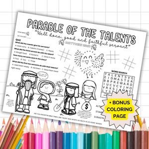 Parable of the Talents Activity Placemat, The Parables of Jesus Coloring Page, Bible Story Activity Sheets, Christian Homeschool Printable